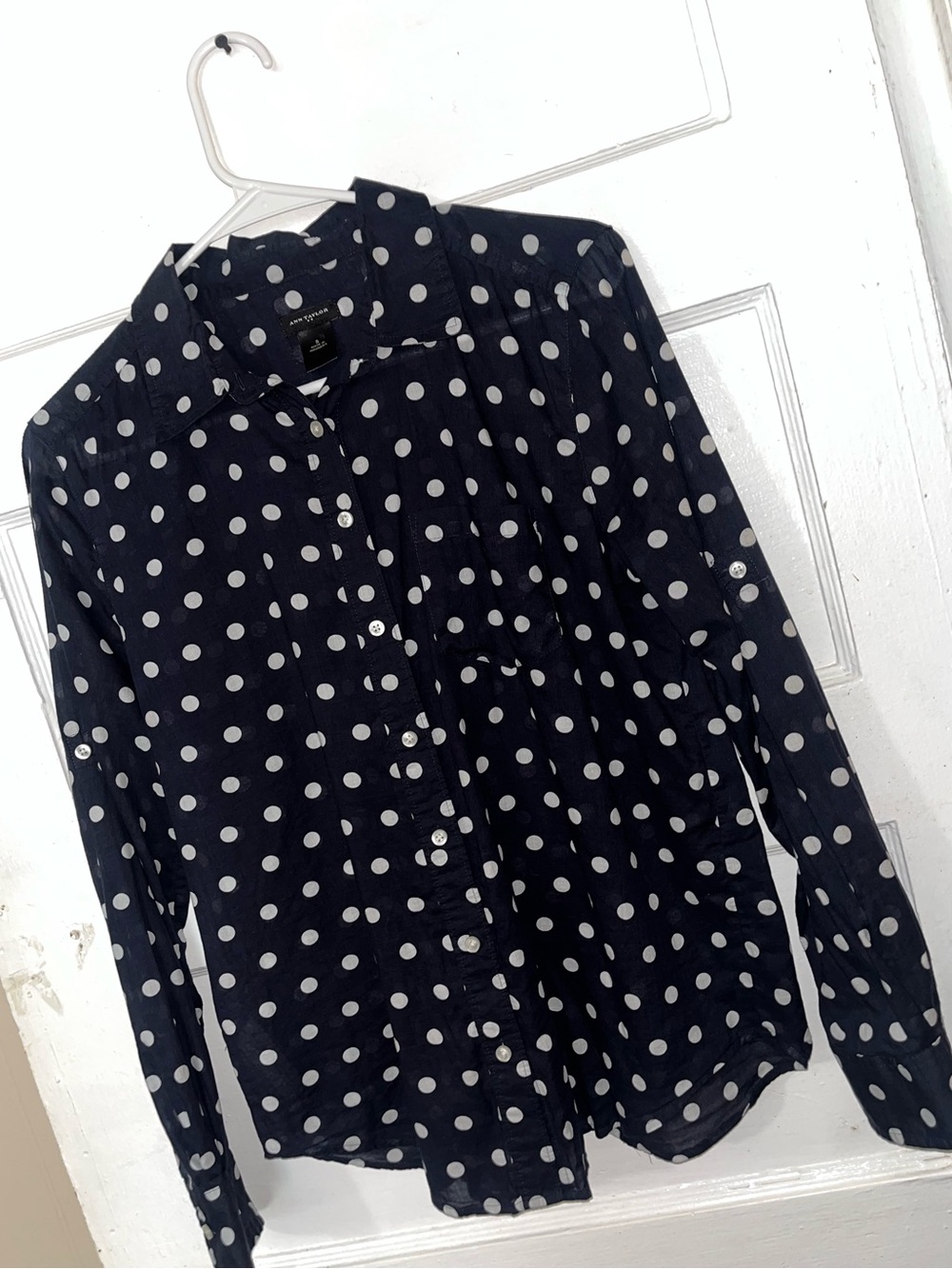 Ann Taylor Navy Polka Dot Button-Up Blouse